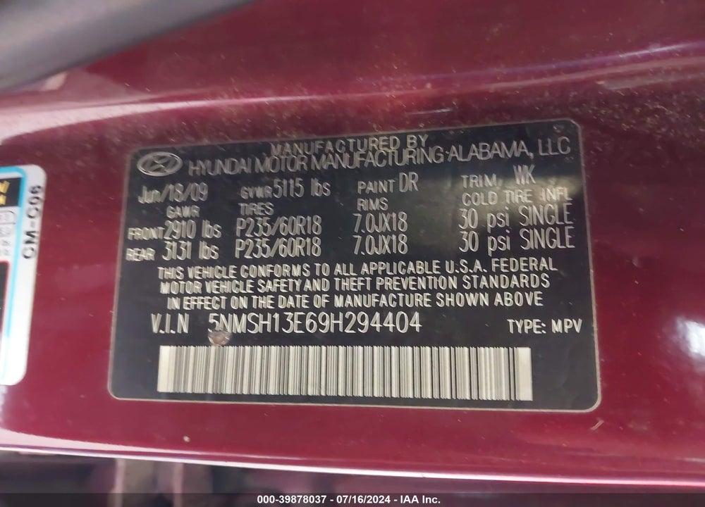 2009 HYUNDAI SANTA FE LIMITED VIN: 5NMSH13E69H294404