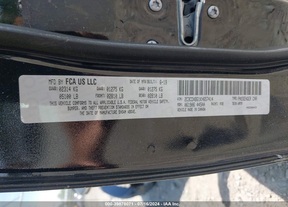 2019 DODGE CHARGER SXT RWD VIN: 2C3CDXBG1KH657414