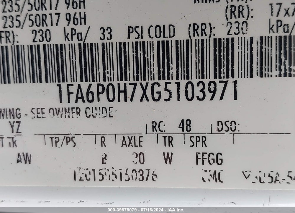 2016 FORD FUSION SE VIN: 1FA6P0H7XG5103971