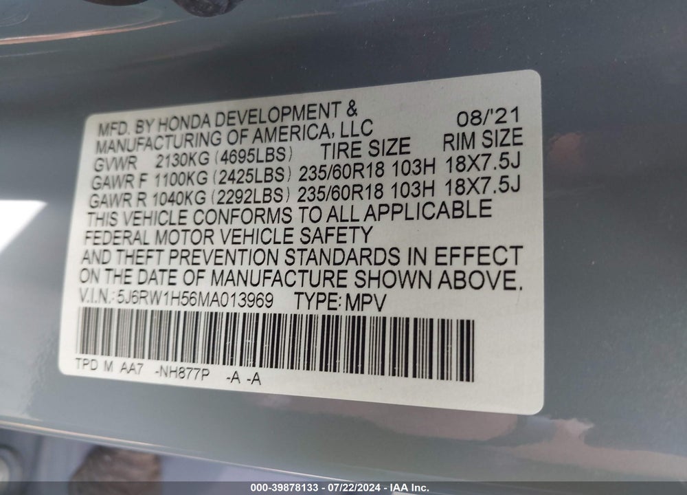 2021 HONDA CR-V VIN: 5J6RW1H56MA013969