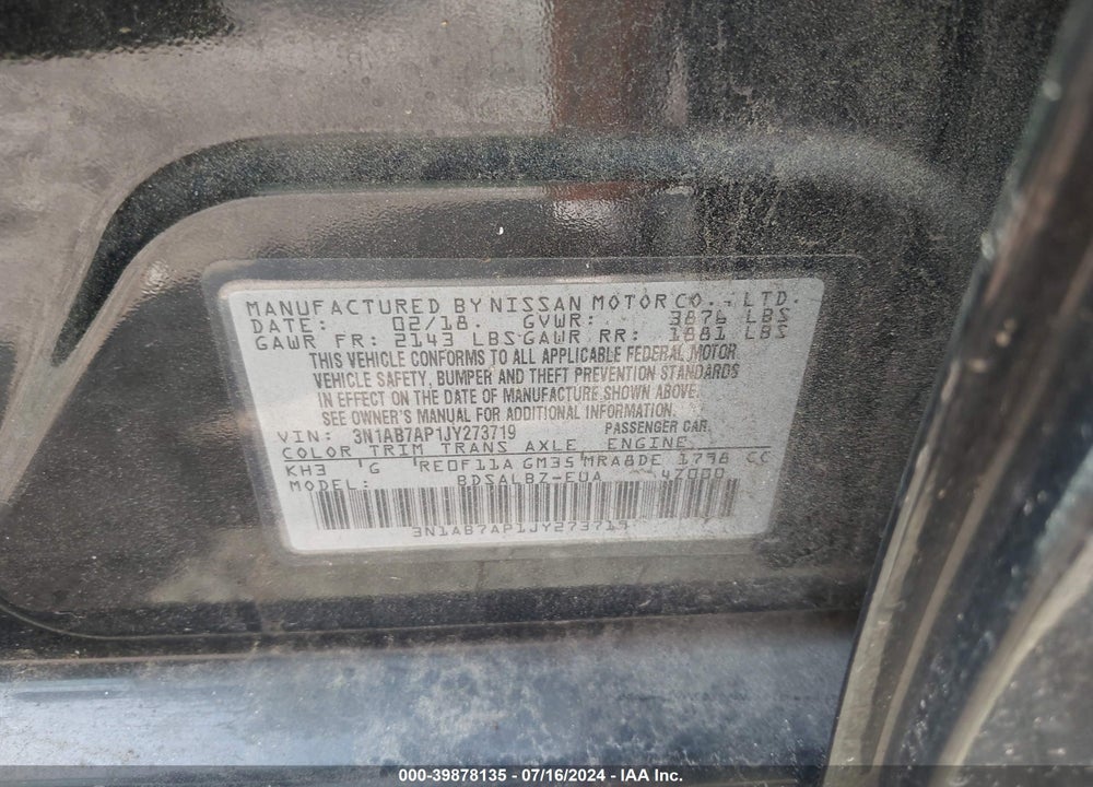 2018 NISSAN SENTRA S VIN: 3N1AB7AP1JY273719