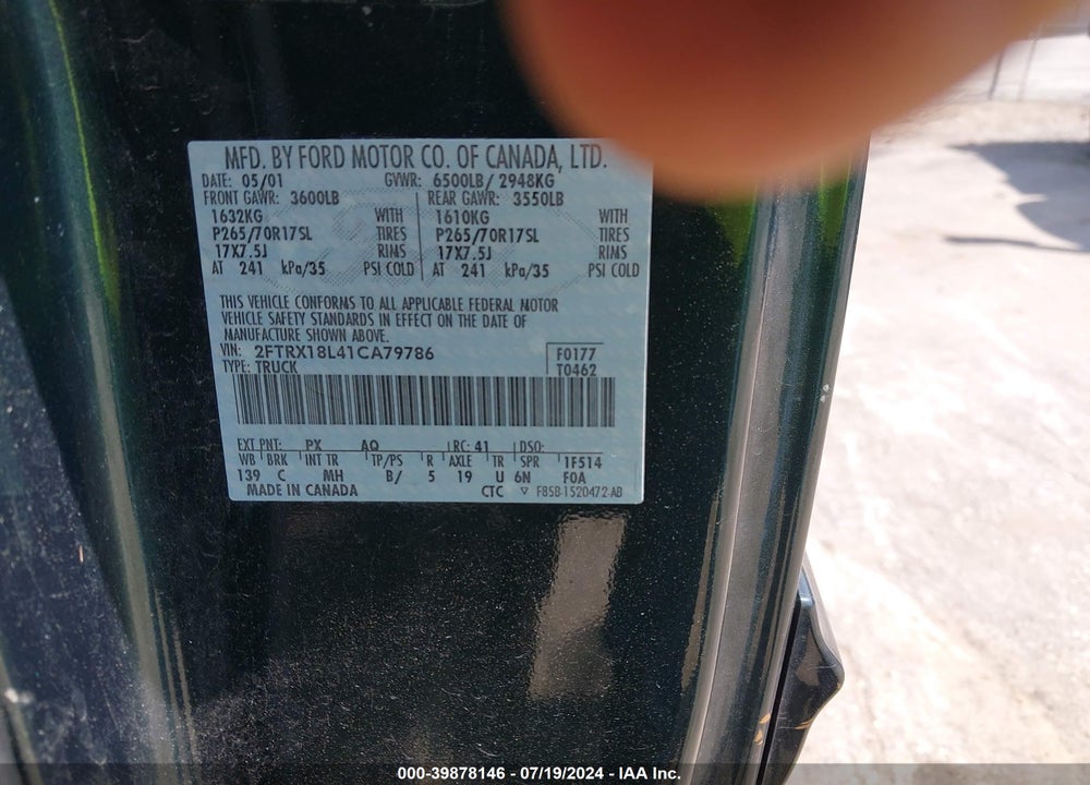 2001 FORD F-150 LARIAT/XL/XLT VIN: 2FTRX18L41CA79786