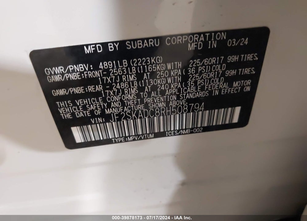 2024 SUBARU FORESTER PREMIUM VIN: JF2SKADC8RH508794