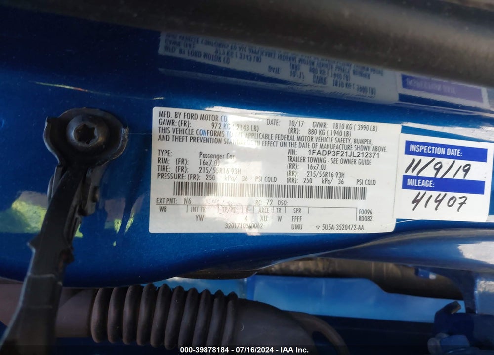 2018 FORD FOCUS SE VIN: 1FADP3F21JL212371