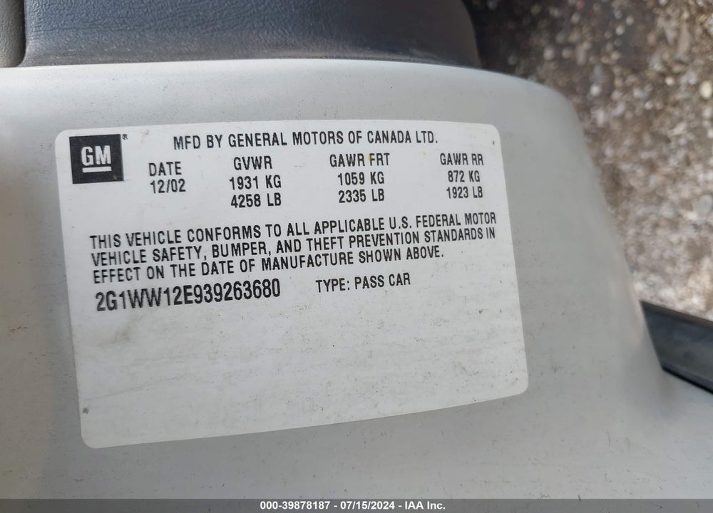 2003 CHEVROLET MONTE CARLO LS VIN: 2G1WW12E939263680