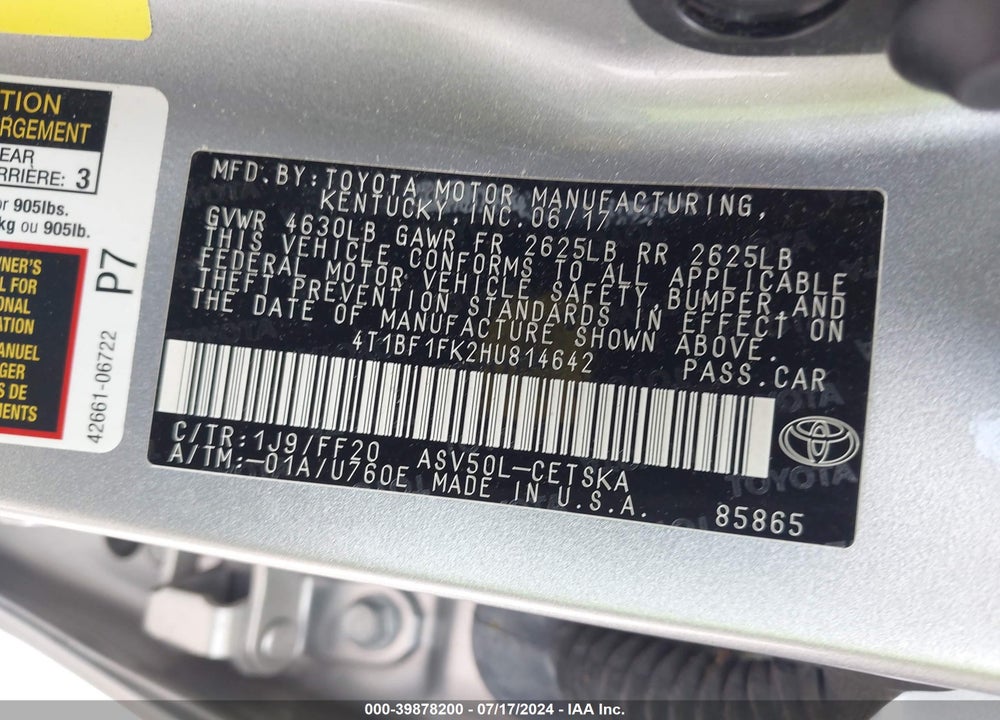 2017 TOYOTA CAMRY SE VIN: 4T1BF1FK2HU814642