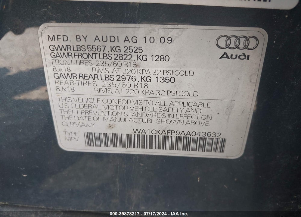 2010 AUDI Q5 3.2 PREMIUM VIN: WA1CKAFP9AA043632