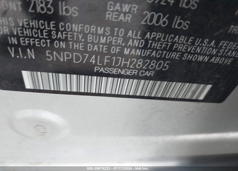 2018 HYUNDAI ELANTRA SE VIN: 5NPD74LF1JH282805