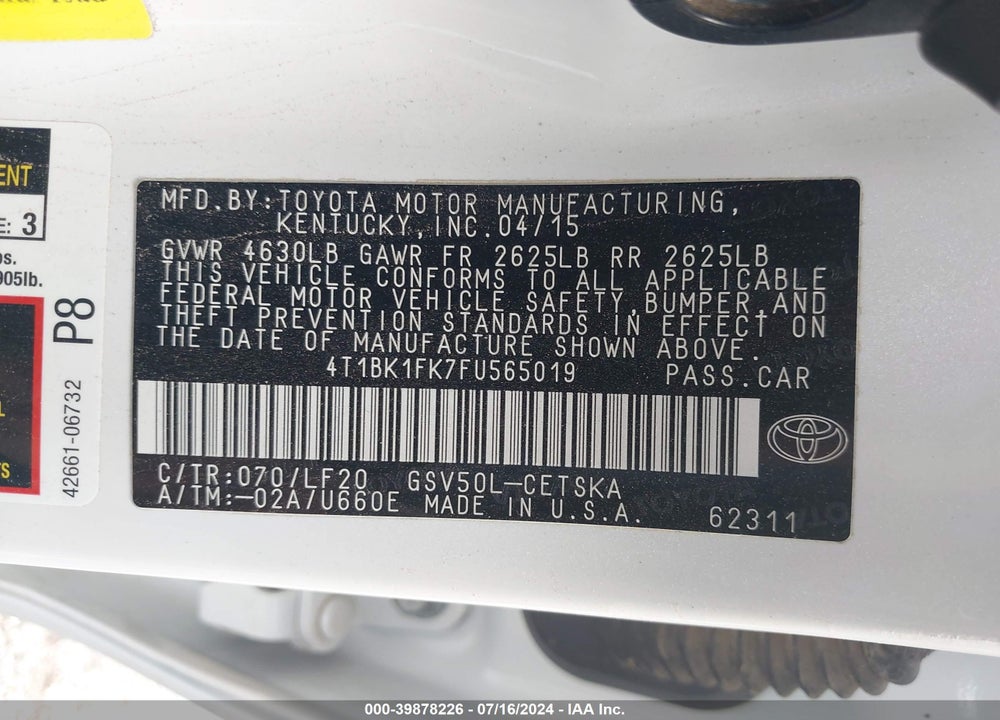 2015 TOYOTA CAMRY XSE V6 VIN: 4T1BK1FK7FU565019