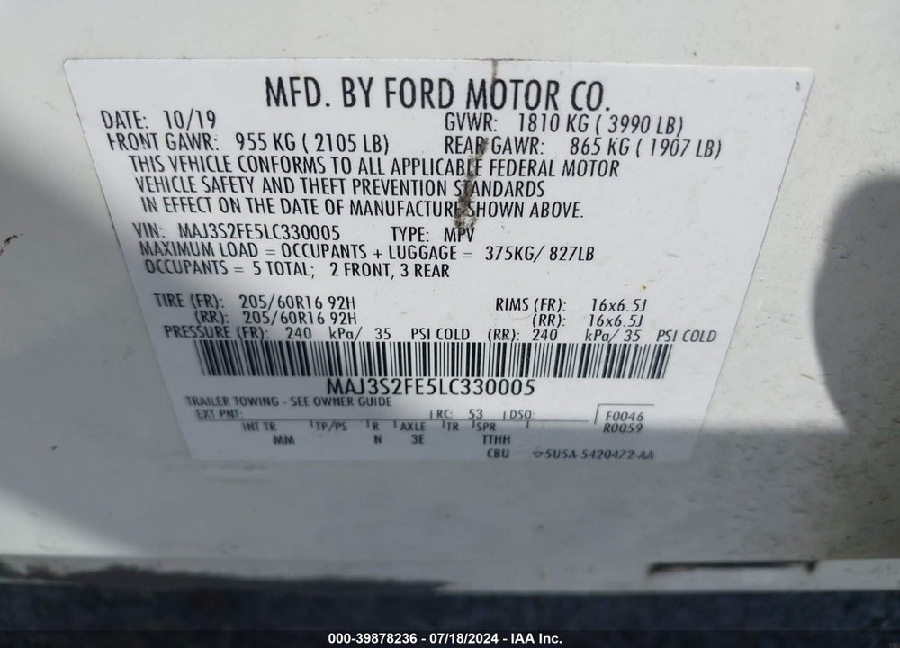 2020 FORD ECOSPORT S VIN: MAJ3S2FE5LC330005