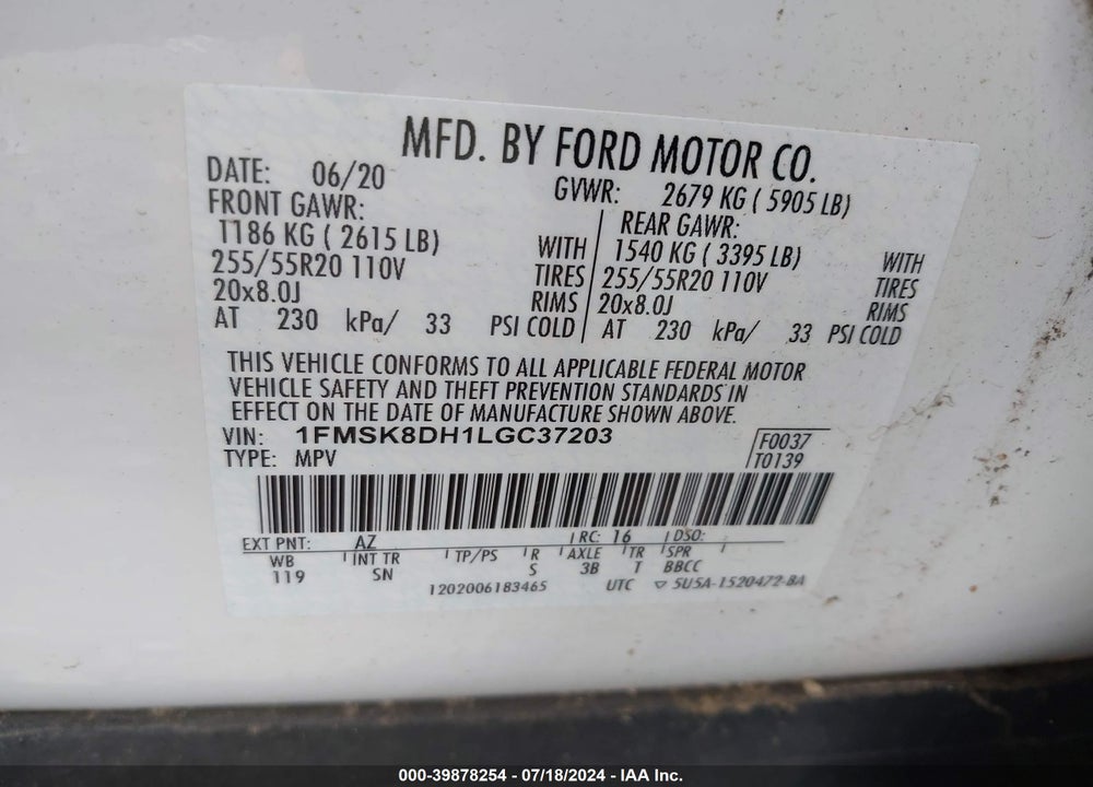 2020 FORD EXPLORER XLT VIN: 1FMSK8DH1LGC37203