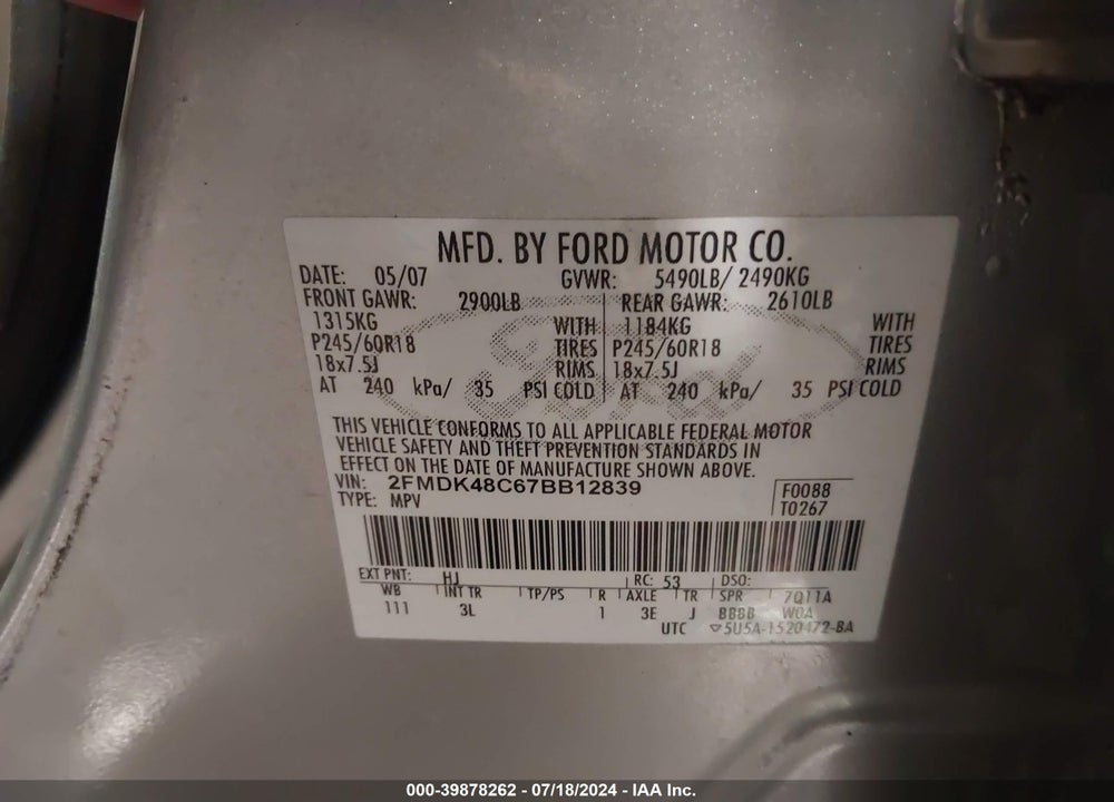 2007 FORD EDGE SEL VIN: 2FMDK48C67BB12839