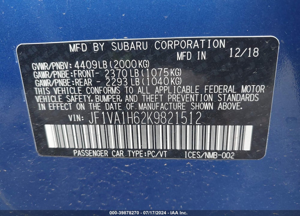 2019 SUBARU WRX LIMITED VIN: JF1VA1H62K9821512