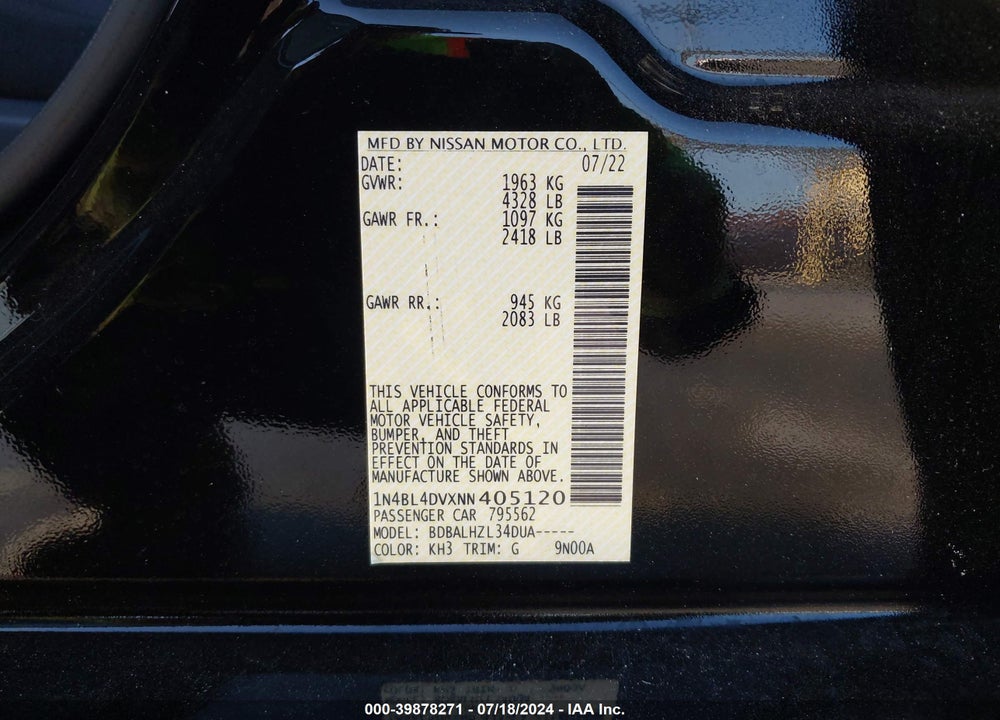 2022 NISSAN ALTIMA SV FWD VIN: 1N4BL4DVXNN405120