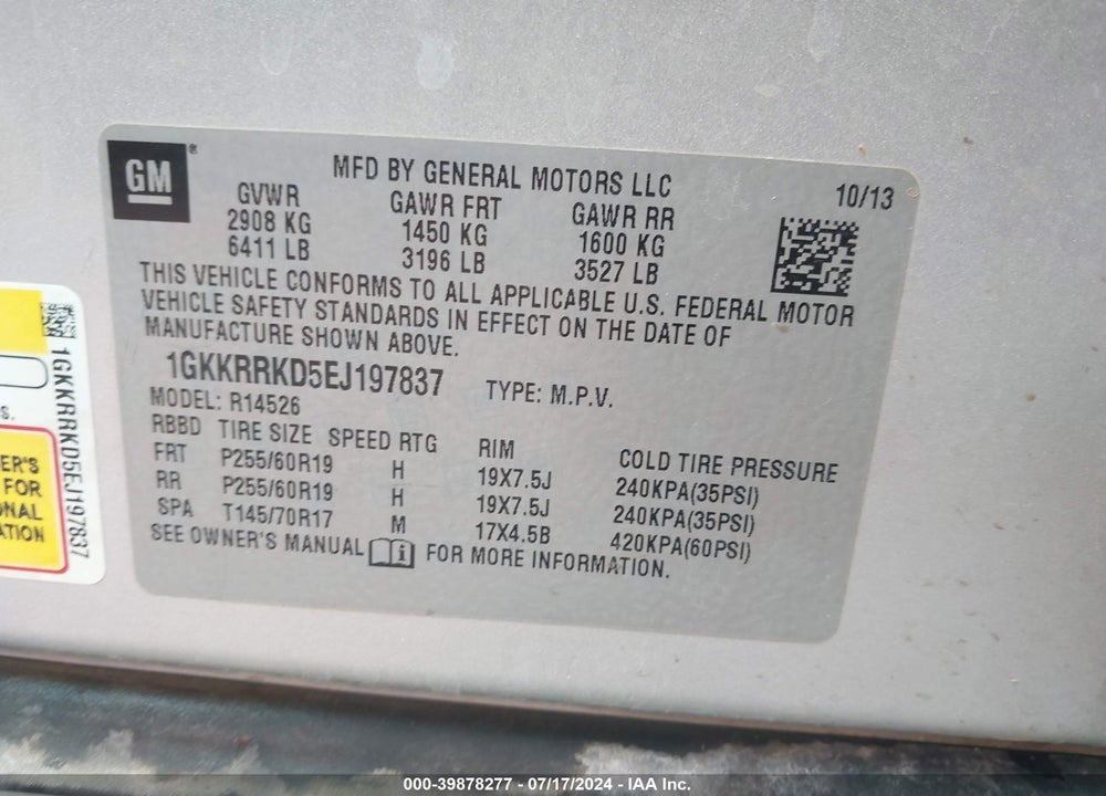 2014 GMC ACADIA SLT-1 VIN: 1GKKRRKD5EJ197837