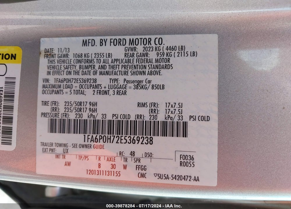 2014 FORD FUSION SE VIN: 1FA6P0H72E5369238