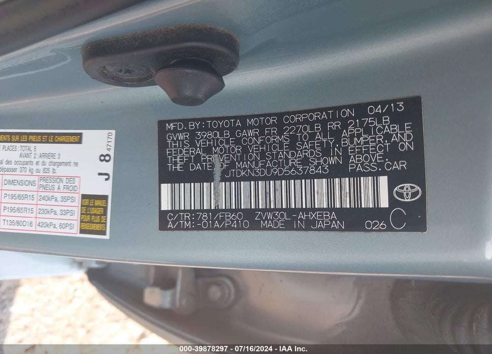 2013 TOYOTA PRIUS VIN: JTDKN3DU9D5637843