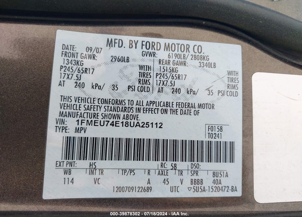 2008 FORD EXPLORER EDDIE BAUER VIN: 1FMEU74E18UA25112