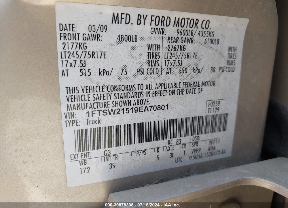 2009 FORD F250 SUPER DUTY VIN: 1FTSW21519EA70801