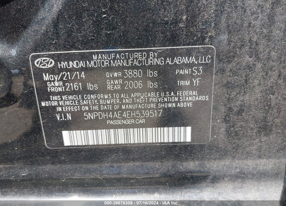 2014 HYUNDAI ELANTRA LIMITED VIN: 5NPDH4AE4EH539517