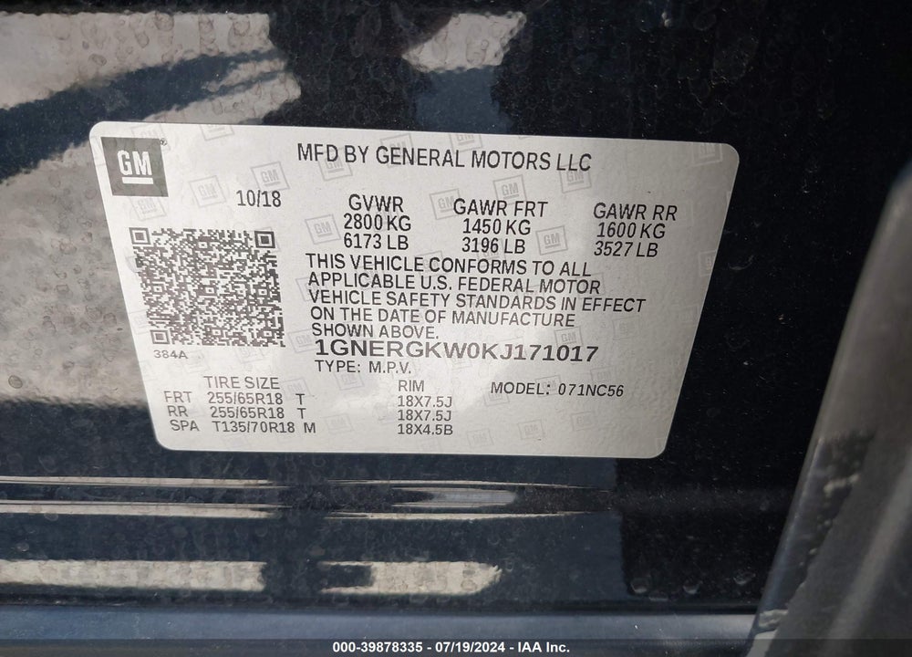 2019 CHEVROLET TRAVERSE 1LT VIN: 1GNERGKW0KJ171017