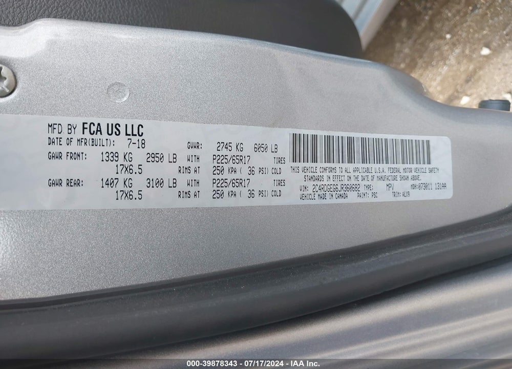 2018 DODGE GRAND CARAVAN GT VIN: 2C4RDGEG6JR360682