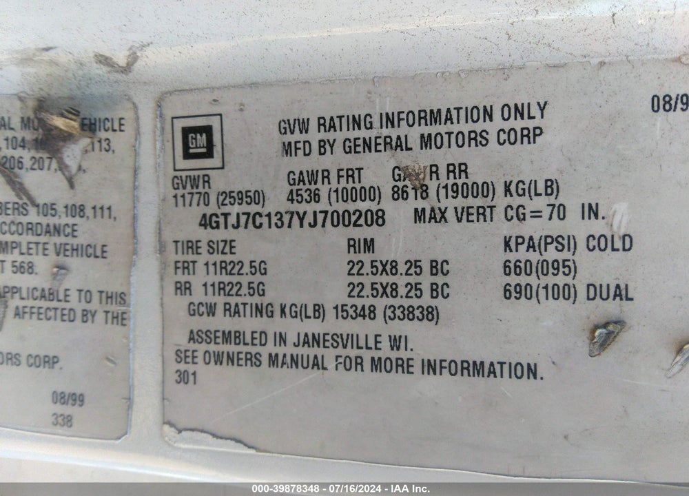 2000 ISUZU FTR VIN: 4GTJ7C137YJ700208