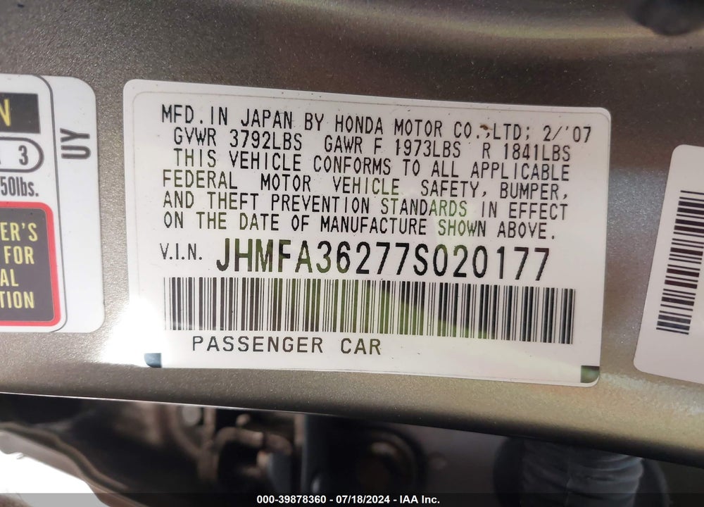 2007 HONDA CIVIC HYBRID VIN: JHMFA36277S020177