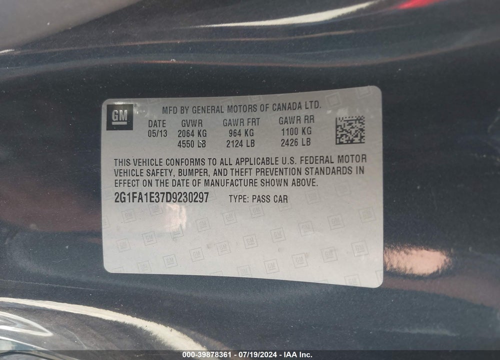 2013 CHEVROLET CAMARO VIN: 2G1FA1E37D9230297