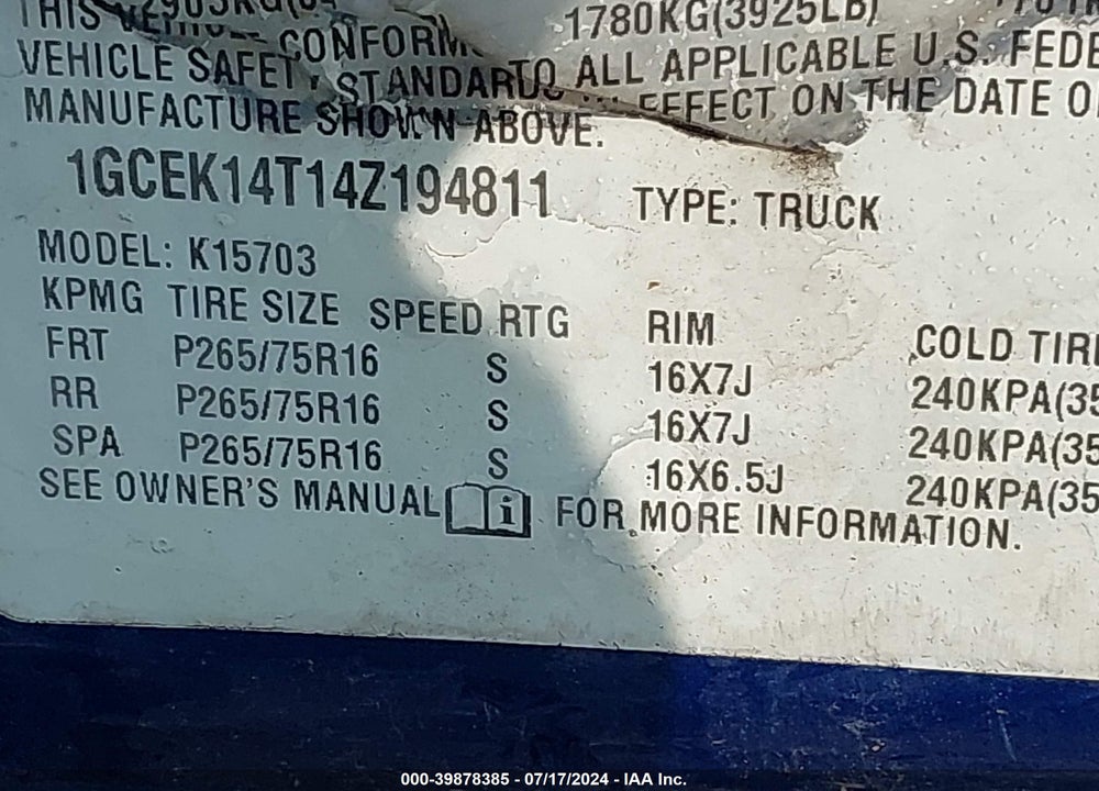 2004 CHEVROLET SILVERADO 1500 Z71 VIN: 1GCEK14T14Z194811