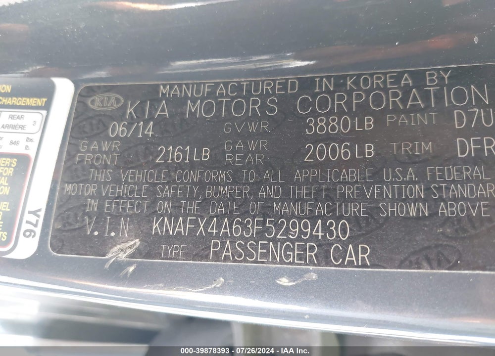 2015 KIA FORTE LX VIN: KNAFX4A63F5299430