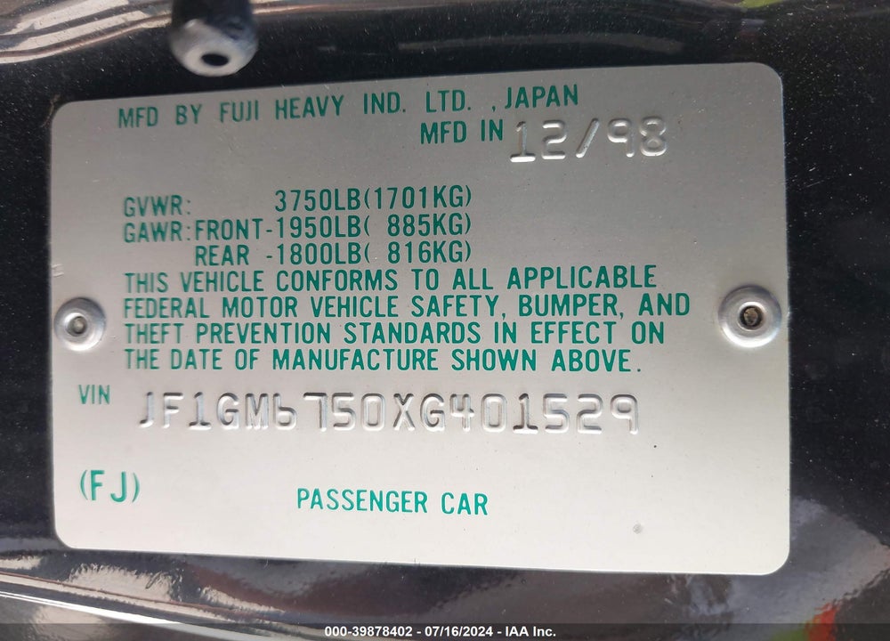 1999 SUBARU IMPREZA 2.5RS VIN: JF1GM6750XG401529