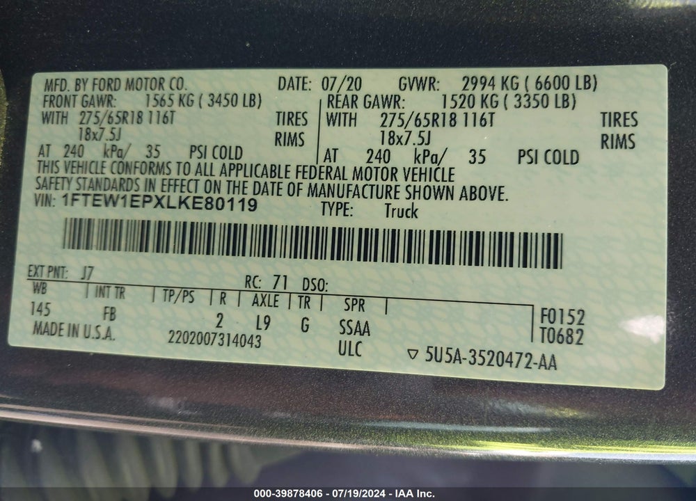 2020 FORD F-150 XLT VIN: 1FTEW1EPXLKE80119