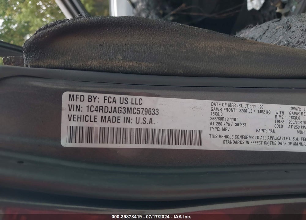 2021 DODGE DURANGO SXT PLUS AWD VIN: 1C4RDJAG3MC579633