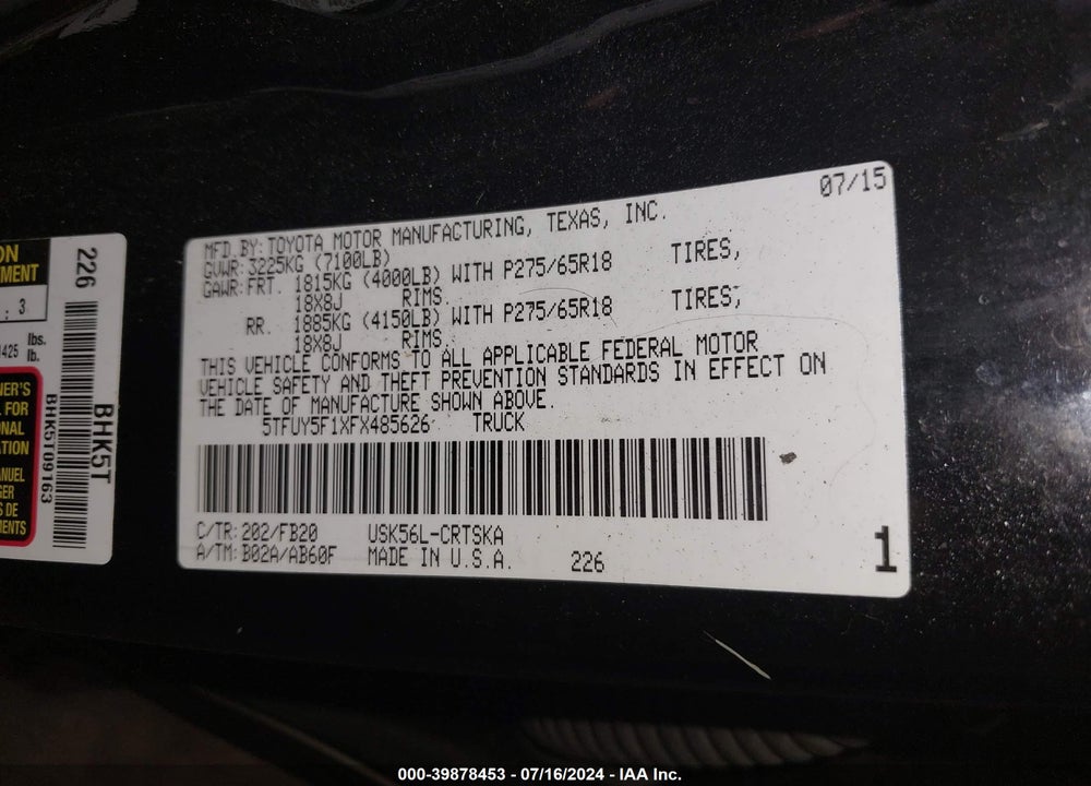 2015 TOYOTA TUNDRA SR5 5.7L V8 VIN: 5TFUY5F1XFX485626