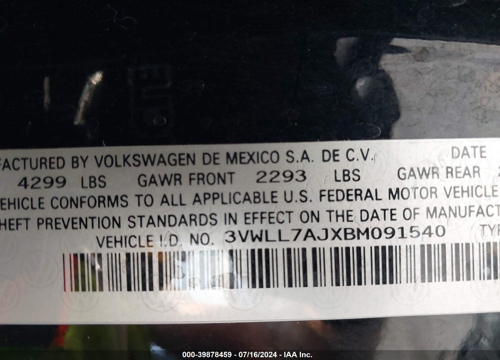 2011 VOLKSWAGEN JETTA 2.0L TDI VIN: 3VWLL7AJXBM091540