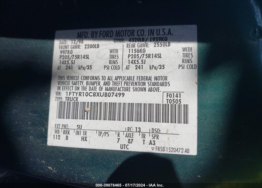 1999 FORD RANGER XL/XLT VIN: 1FTYR10C8XUB07499