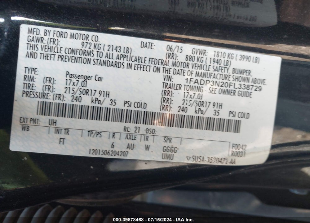 2015 FORD FOCUS VIN: 1FADP3N20FL338729