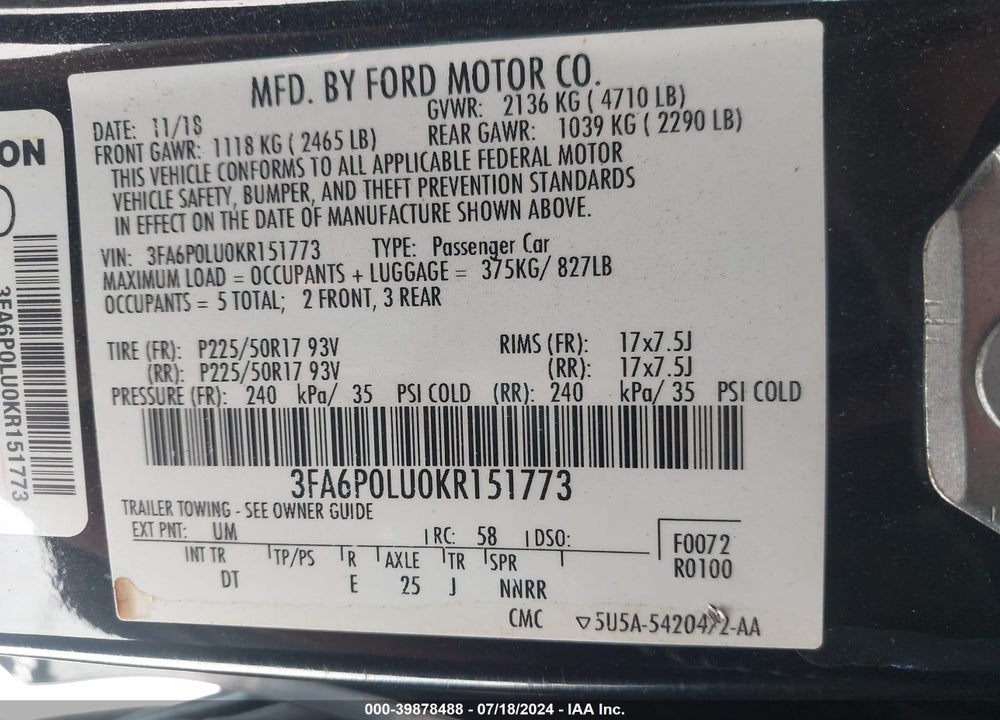 2019 FORD FUSION HYBRID SE VIN: 3FA6P0LU0KR151773
