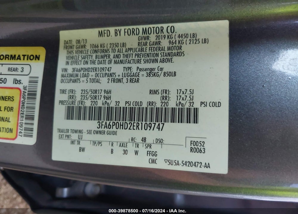 2014 FORD FUSION SE VIN: 3FA6P0HD2ER109747