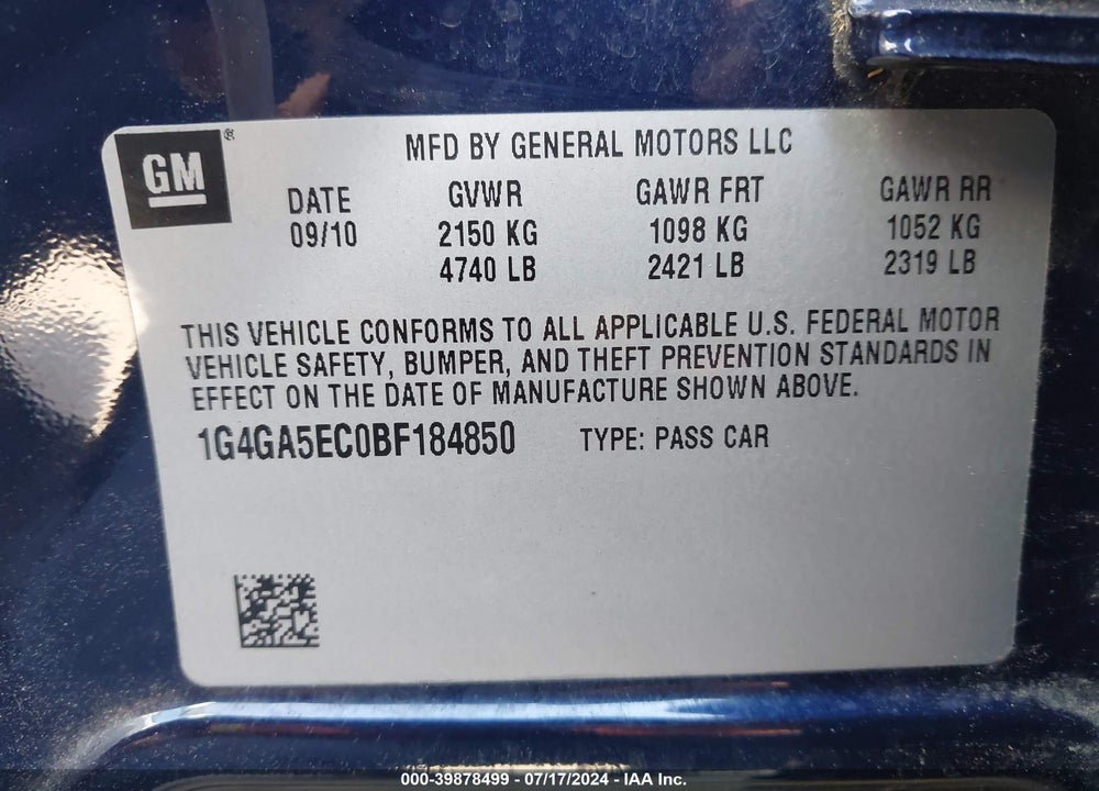 2011 BUICK LACROSSE CX VIN: 1G4GA5EC0BF184850