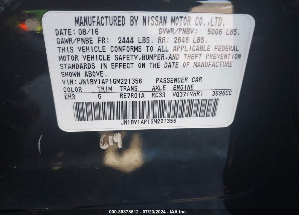 2016 INFINITI Q70 3.7 VIN: JN1BY1AP1GM221356