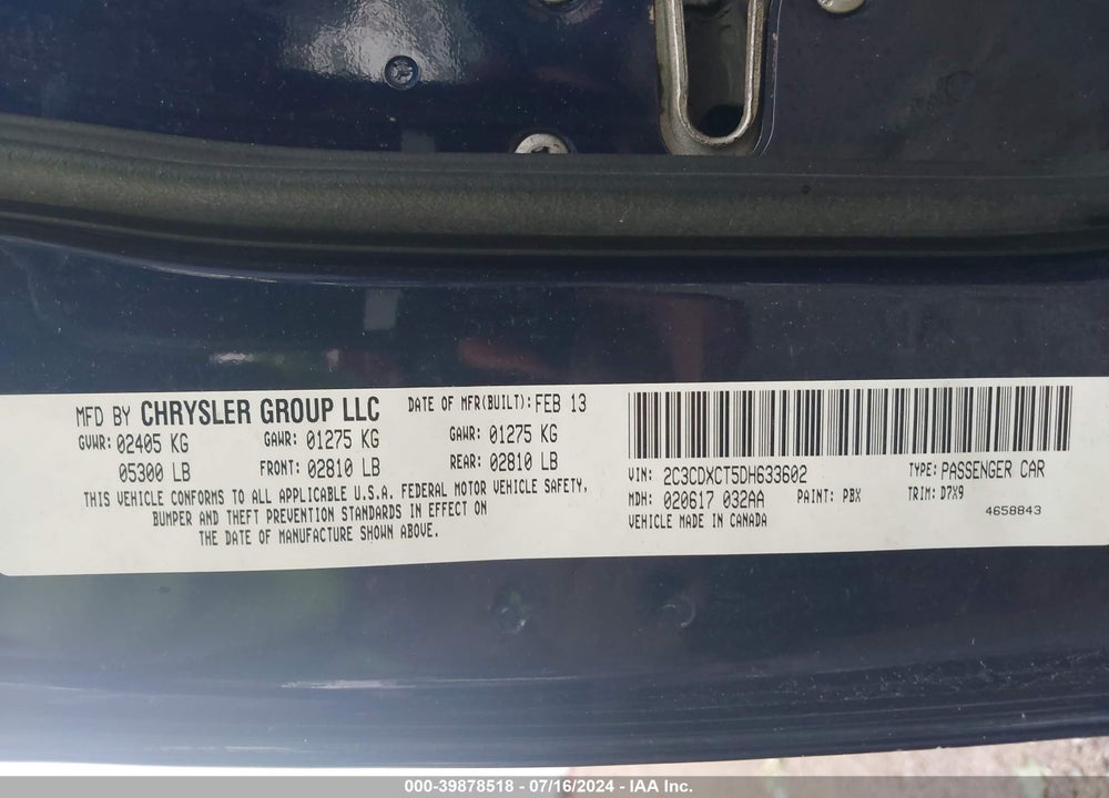 2013 DODGE CHARGER R/T VIN: 2C3CDXCT5DH633602