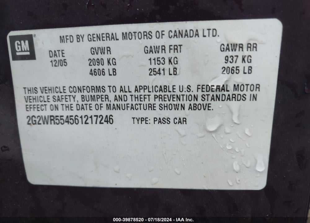 2006 PONTIAC GRAND PRIX GT VIN: 2G2WR554561217246