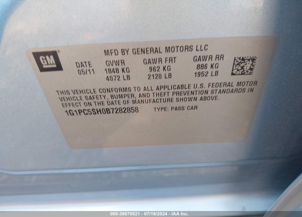 2011 CHEVROLET CRUZE LS VIN: 1G1PC5SH0B7282858