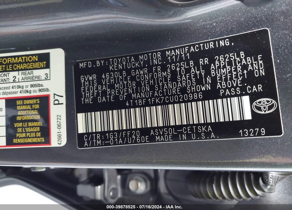 2012 TOYOTA CAMRY SE VIN: 4T1BF1FK7CU020986