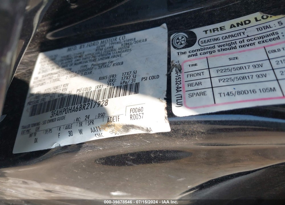 2011 FORD FUSION SE VIN: 3FAHP0HA6BR217928