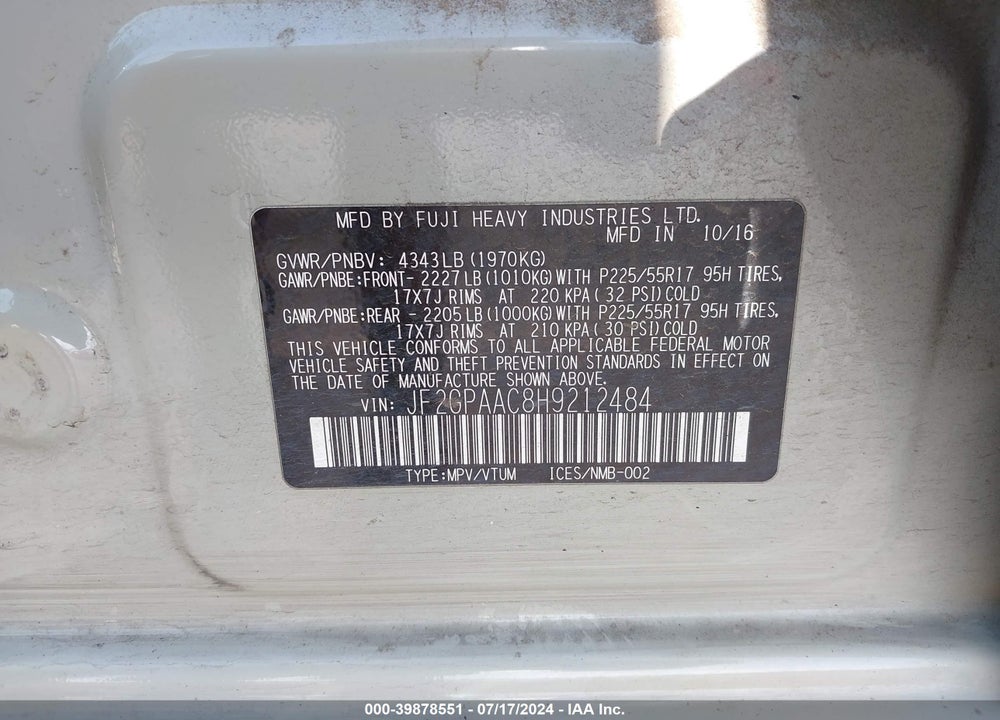 2017 SUBARU CROSSTREK 2.0I VIN: JF2GPAAC8H9212484