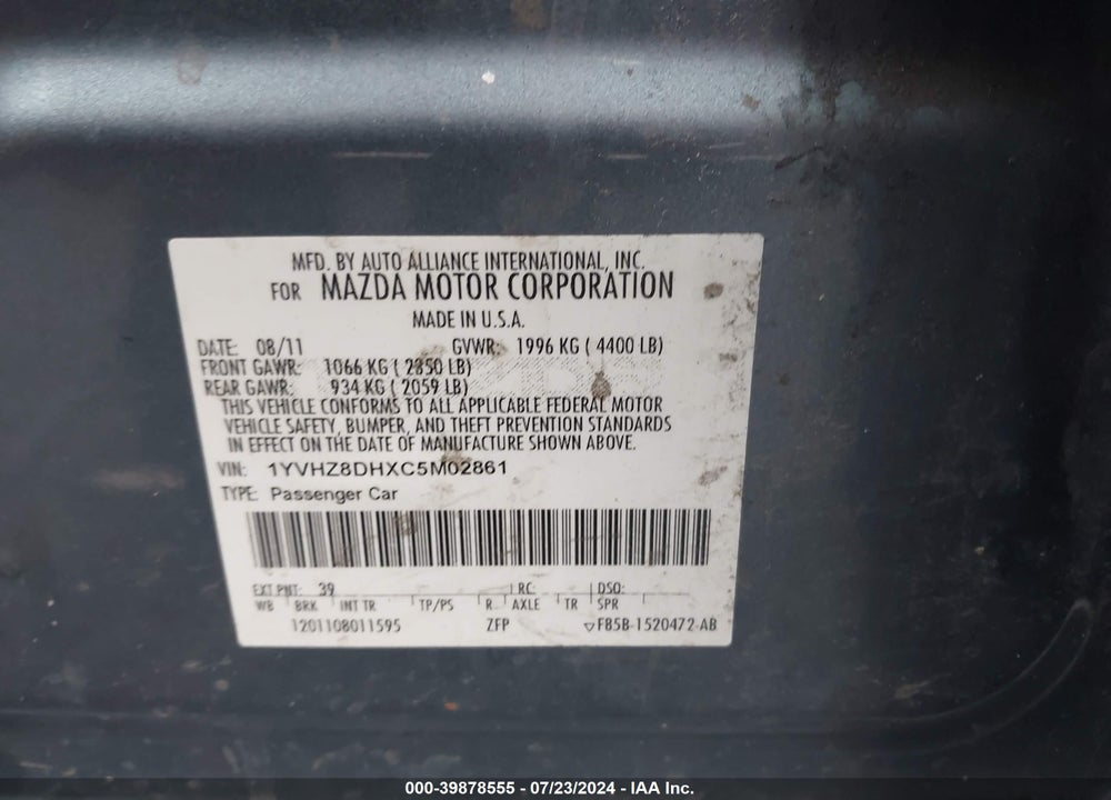 2012 MAZDA 6 I TOURING VIN: 1YVHZ8DHXC5M02861