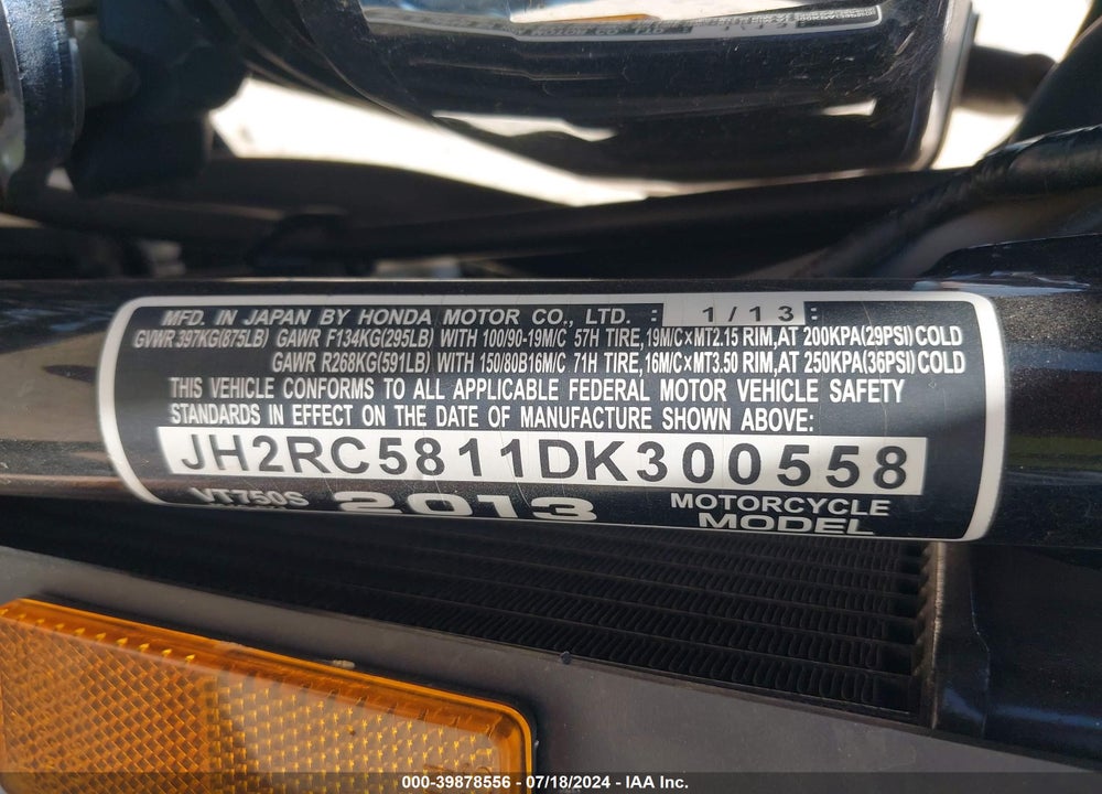 2013 HONDA VT750 S VIN: JH2RC5811DK300558